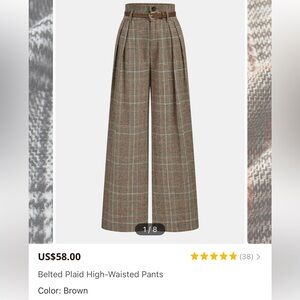 Commense Brown Plaid High-Waisted Pants